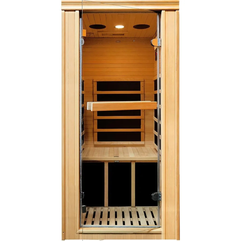 Far infrared sauna room, glass door, Bluetooth speaker and time temperature LED control panel, carbon heated ironwood sauna room